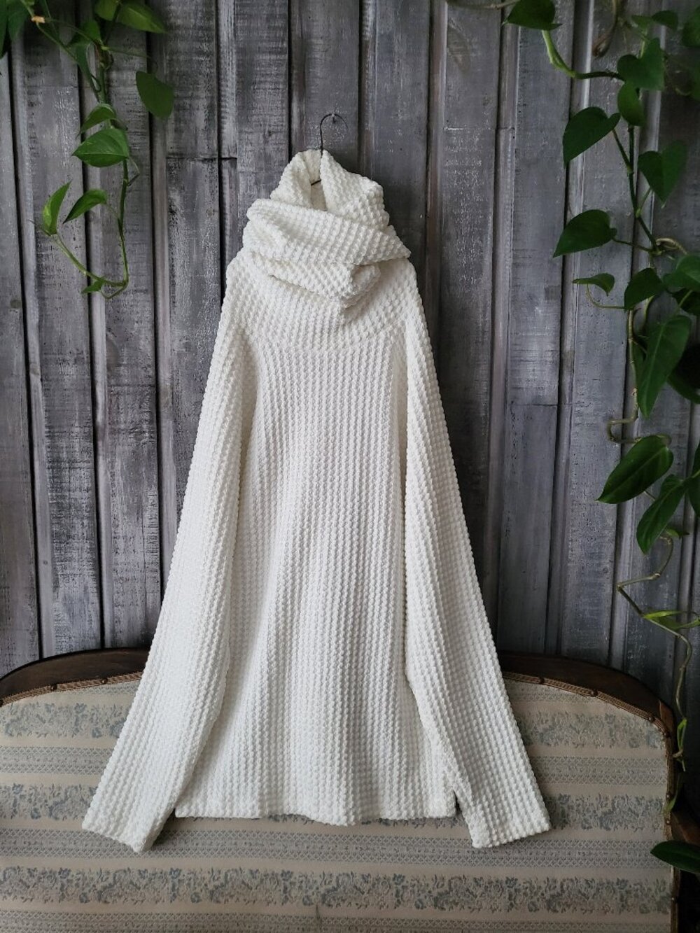 Norma Kamali Off White Waffle Knit Balaclava Hooded Turtleneck Sweater S NWOT